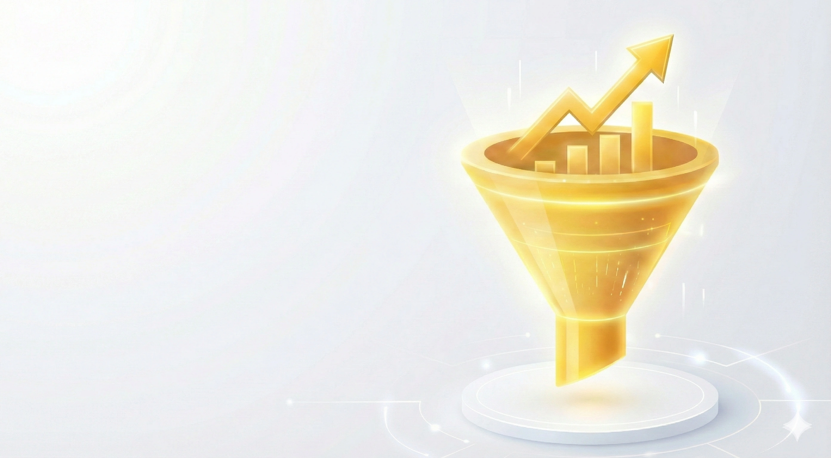 Imbuto color giallo oro 3D con grafico in crescita, rappresentazione visiva di un funnel marketing ottimizzato per il business.